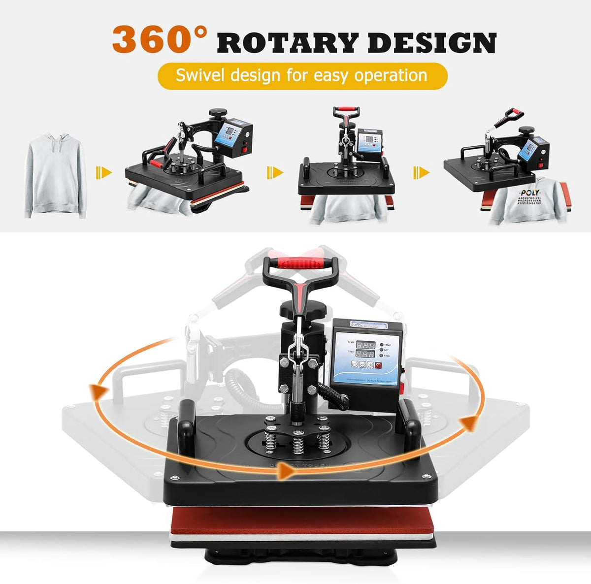 Transferpers, hittepers, 360 graden, 29 x 38 cm, draaibaar, doe-het-zelf, multifunctionele sublimatie, warmtepers, transferdrukmachine voor T-shirts, hoeden, tassen, tegels, EU-stekker (5-in-1