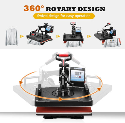 Transferpers, hittepers, 360 graden, 29 x 38 cm, draaibaar, doe-het-zelf, multifunctionele sublimatie, warmtepers, transferdrukmachine voor T-shirts, hoeden, tassen, tegels, EU-stekker (5-in-1