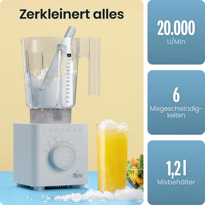 Chefman Obliterator 1,2 l blender voor smoothies, 1350 W motor voor het malen van ijs, noten en bevroren vruchten met roestvrijstalen lemmet, Auto Blend functie, incl. 600ml reiscontainer - betongrijs