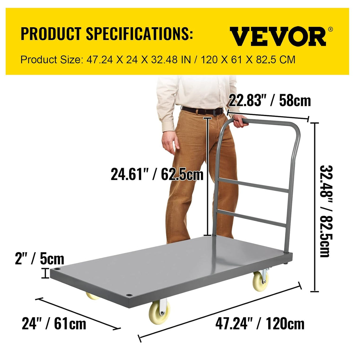 VEVOR Plateau Truck, 905kg Load Hand Truck, Transport Trolley with 125mm Castors, Load Surface 120x6cm Platform Cart, Foldable Industrial Trolley, Non-slip Coating Storage Trolley for Luggage Moving