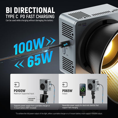 NEEWER HB80B HB80B Led-videolamp, 80 W, met batterij 72 Wh en snel opladen, PD 100 W, app-bediening/2,4 G, mini-licht continu COB tweekleurig, draagbaar, voor studio, 26500 lx/1 m, 2700-6500 K