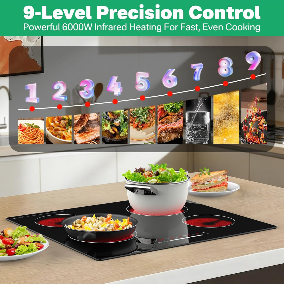 Keramische kookplaat, 60 cm, 4 branders, 6000 W touch-bediening met schuif, kookzones met een cirkel, zonder stekker, directe aansluiting, boring 560 × 490 mm