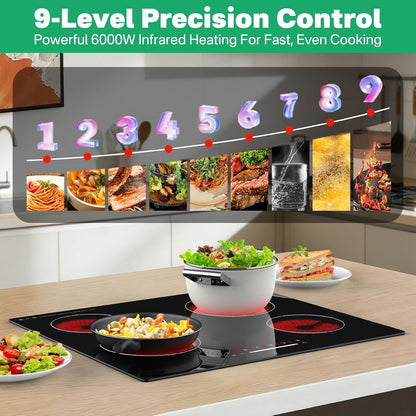 Keramische kookplaat, 60 cm, 4 branders, 6000 W touch-bediening met schuif, kookzones met een cirkel, zonder stekker, directe aansluiting, boring 560 × 490 mm
