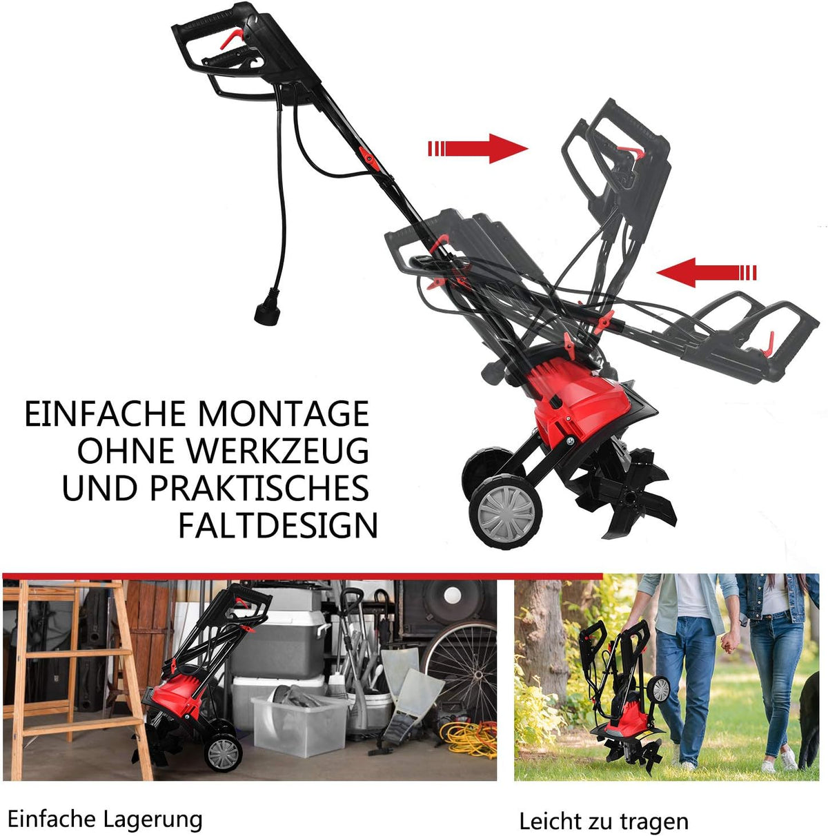 FANTASK 1200 W elektrische grondhak rood, tuin motorhak elektrisch met veiligheidsschakelaar, vloerfrees tuinfrees tuinhak 22 cm werkdiepte en 35 cm werkbreedte