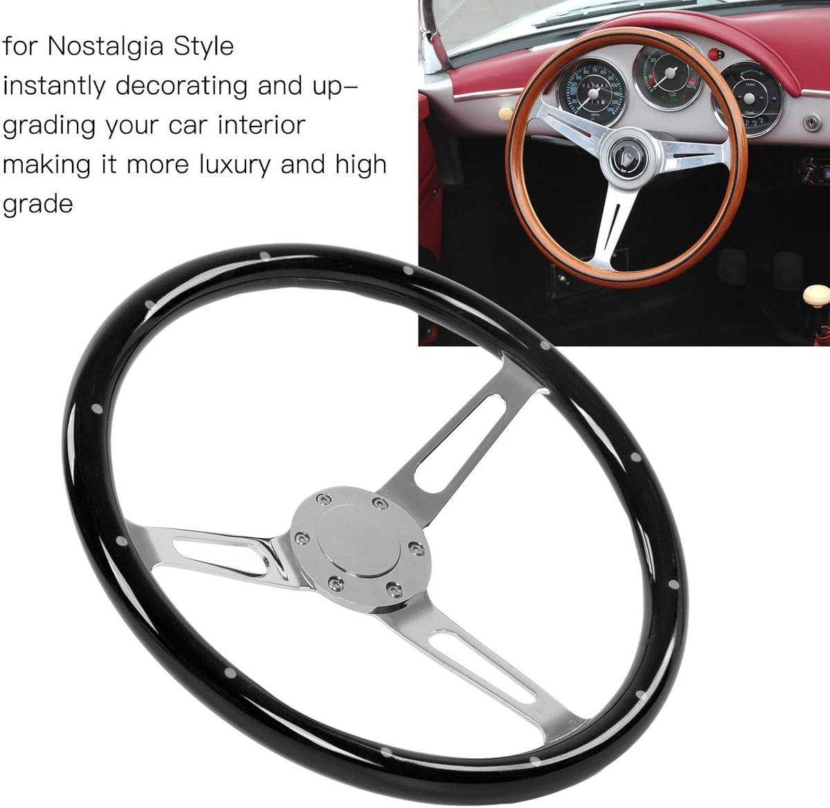 Vintage Houten Stuurwiel – Klassiek Stuur – Retro Stuurwiel – Auto Stuur – Universeel Stuurwiel – 380 MM Diameter – Walnotenhout Met Chromen Spaken