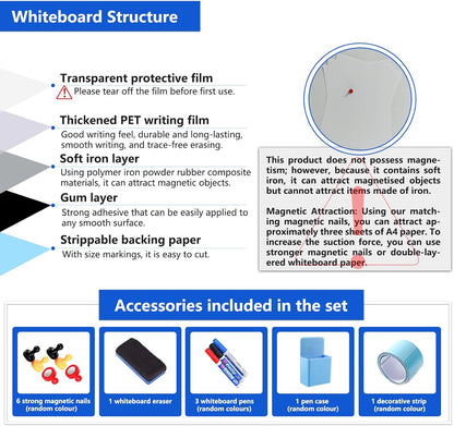 Whiteboard Folie, 300 * 100cm, magnetische zelfklevende whiteboard folie, Whiteboard Sticker DIY, inclusief marker, spons en magneten, voor school, kantoor en thuis