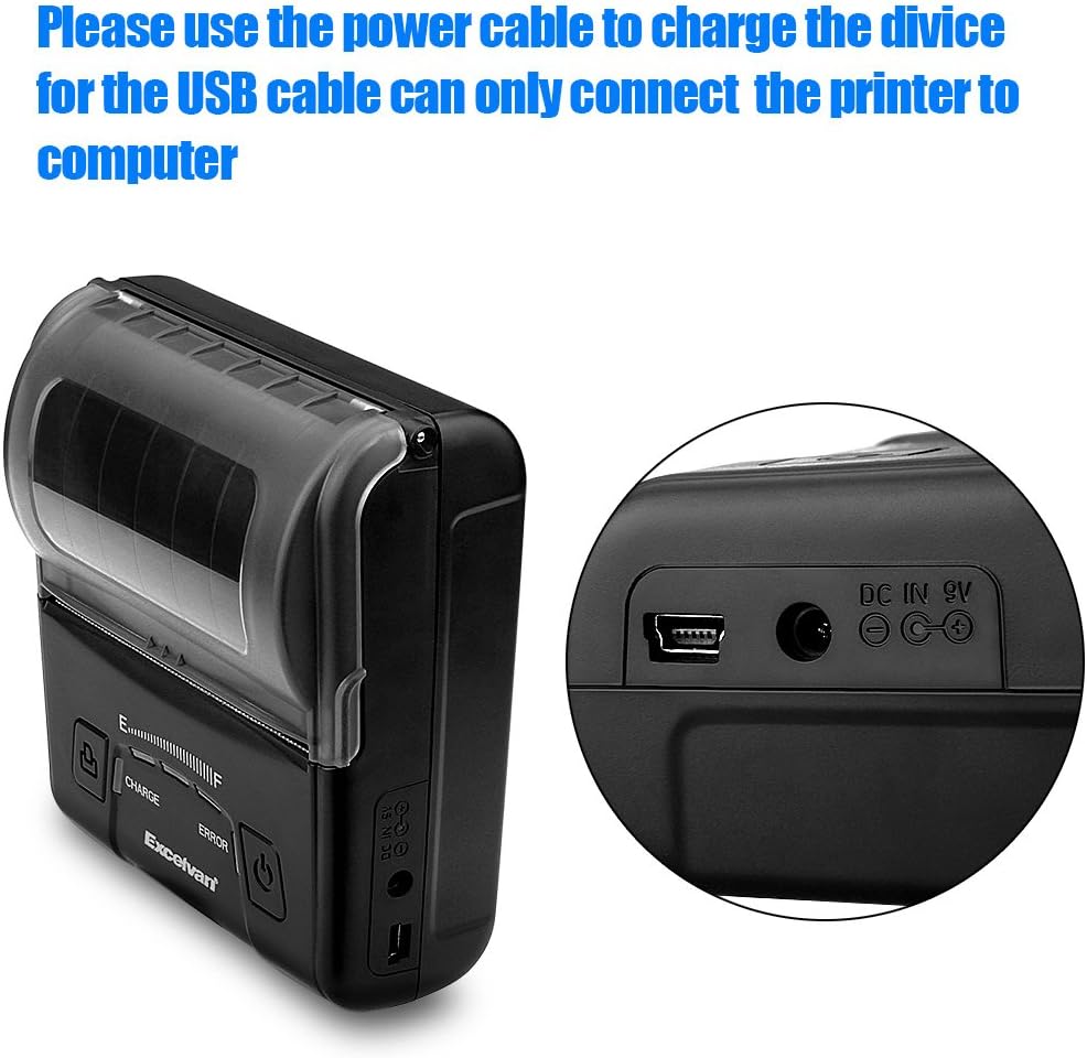EXCELVAN E300 Thermische printer voor kwitanties en bankbiljetten, draadloos, draagbaar, USB, 90 mm/sec, 80 mm, ESC/POS, voor Pos Terminal verkooppunt), zwart