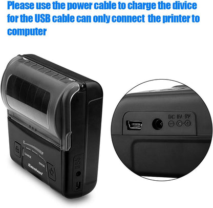 EXCELVAN E300 Thermische printer voor kwitanties en bankbiljetten, draadloos, draagbaar, USB, 90 mm/sec, 80 mm, ESC/POS, voor Pos Terminal verkooppunt), zwart