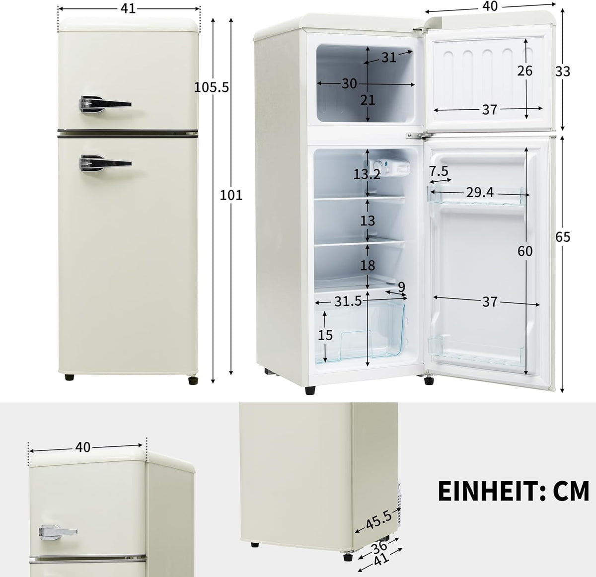 Generisch Retro refrigerator, 92 litres, fridge-freezer, two-door, compact design for kitchen and living room, energy efficiency class D with 7 temperature control - QUORE