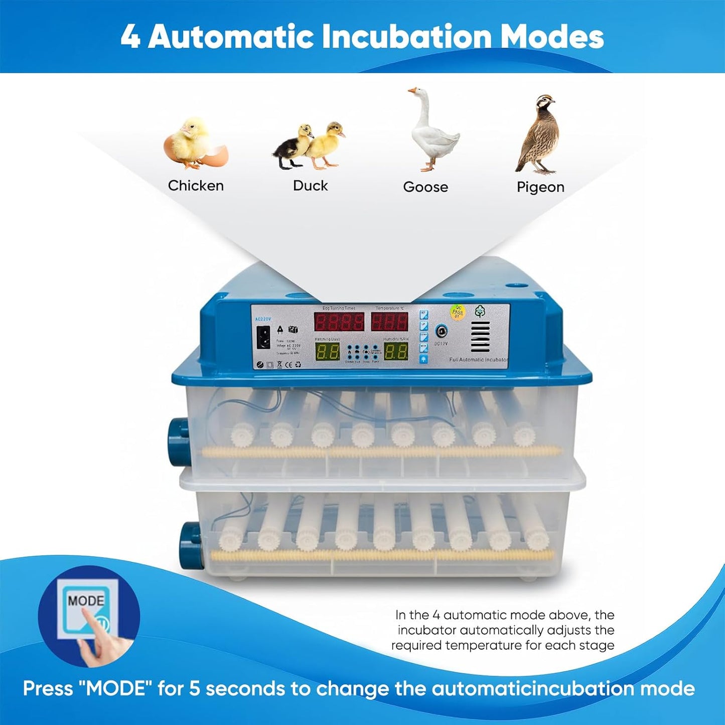 volautomatische broedmachine voor 120 eieren,met automatische keer- en vochtigheidsbewaking,temperatuurregeling,5 broedstanden geschikt voor kippen-,eenden-,ganzen- en kwarteleitjes (blauw)