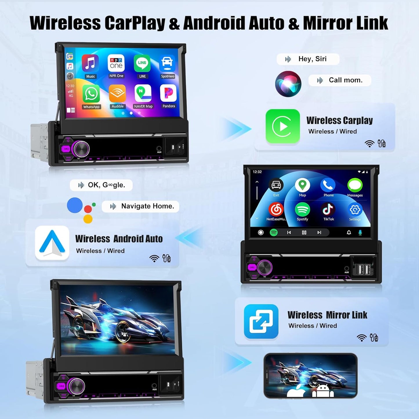 Android 15 Autoradio – 1 DIN Autoradio – Android Autoradio – Multimedia Speler – Car Stereo – 7 Inch Intrekbaar Touchscreen – Draadloze CarPlay & Android Auto