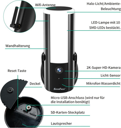 SecuFirst bewakingscamera voor buiten met LED buitenverlichting, met bewegingsmelder, dimbare helderheid (900lm), aluminium camera bewaking outdoor, KI-herkenning, WLAN, 2K, 32GB SD-kaart,