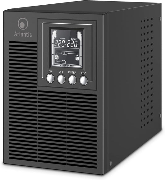 ATLANTIS A03-OP1002 UPS Ononderbroken stroomvoorziening Server Tower On Line dubbele converter 1000 VA 900 W, LCD-display, USB, serieel RS-232, 4 IEC-uitgangen, EPO, SNMP-sleuf, met 2 accu's 12V-9Ah, zwart