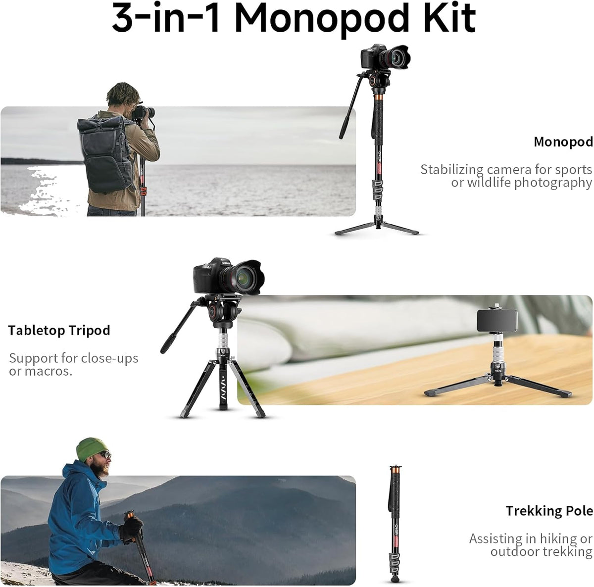 Monopod – Eenbenig statief – Camerastatief – Videostatief – Voor DSLR-camera – Aluminium – Vloeistofkop met 360° pan en verstelbare hoogte 70-180 cm
