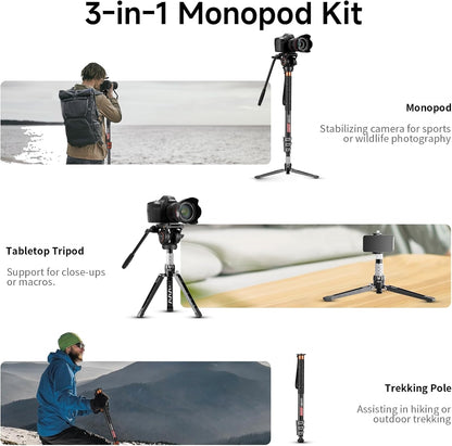 Monopod – Eenbenig statief – Camerastatief – Videostatief – Voor DSLR-camera – Aluminium – Vloeistofkop met 360° pan en verstelbare hoogte 70-180 cm