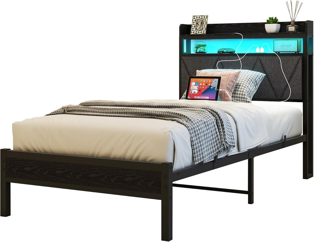 Gestoffeerd bedframe 90 x 200 cm, eenpersoonsbed frame met led en laadstation, bedframe met opbergruimte, tienerbed, logeerbed met hoofdeinde, perfect voor slaapkamer, logeerkamer, donkergrijs