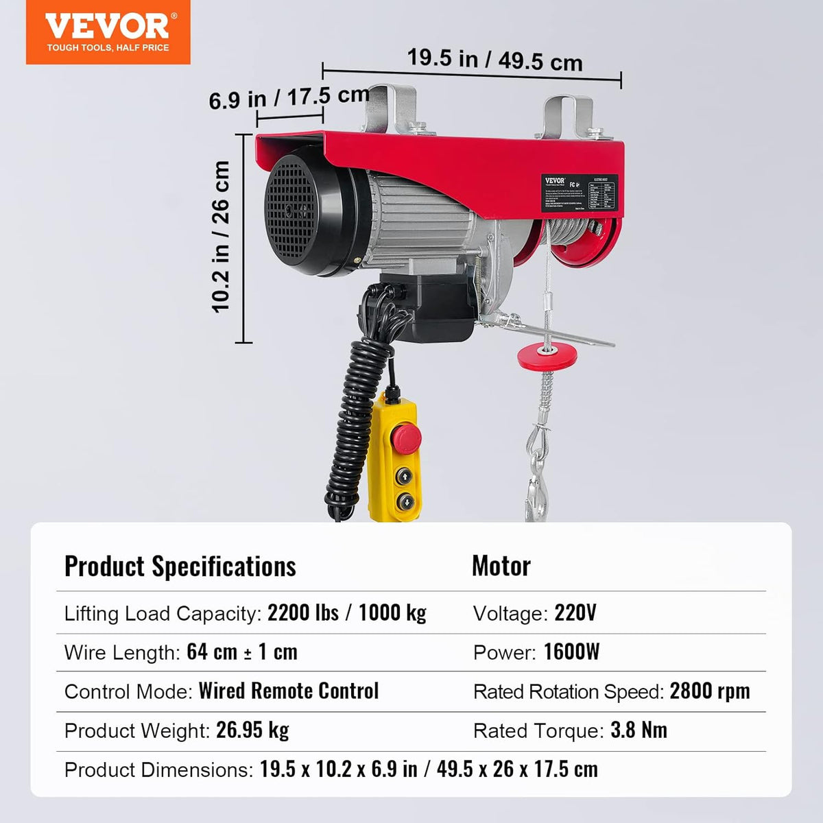 VEVOR Electric winch 500kg to 1000kg lifting height 12m cable motor winch 1600W copper motor pulley 10m/min lifting speed lift with wired remote cable lifter chain hoist