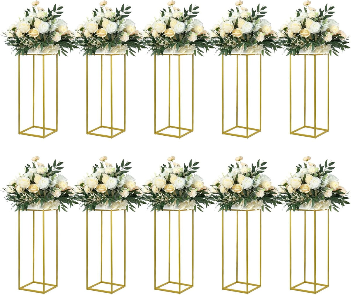 Gouden Bloemenstandaard – Bloemhouder, Vaasstandaard, Tafelstuk, Bruiloft Decoratie – Set Van 10, 60 Cm, Rechthoekig – Stabiele Metalen Constructie – Inclusief Heldere Acryl Borden
