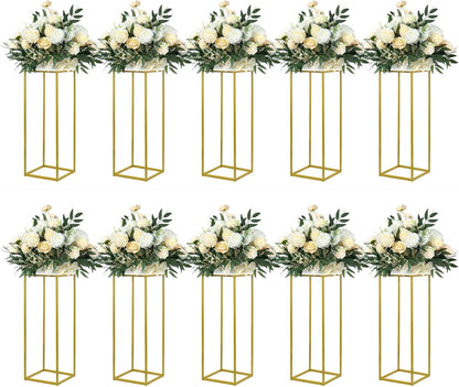 Gouden Bloemenstandaard – Bloemhouder, Vaasstandaard, Tafelstuk, Bruiloft Decoratie – Set Van 10, 60 Cm, Rechthoekig – Stabiele Metalen Constructie – Inclusief Heldere Acryl Borden