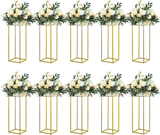 Gouden Bloemenstandaard – Bloemhouder, Vaasstandaard, Tafelstuk, Bruiloft Decoratie – Set Van 10, 60 Cm, Rechthoekig – Stabiele Metalen Constructie – Inclusief Heldere Acryl Borden
