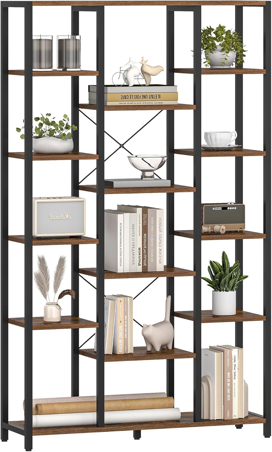 Hzuaneri Bookshelf, 6 Tier Bookcase with 15 Open Shelves, Adjustable Storage Cabinet for Living Room and Home Office, 30 x 100 x 170 cm, Rustic Brown and Black, BC15001B