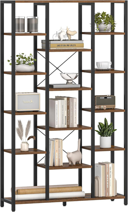 Hzuaneri Bookshelf, 6 Tier Bookcase with 15 Open Shelves, Adjustable Storage Cabinet for Living Room and Home Office, 30 x 100 x 170 cm, Rustic Brown and Black, BC15001B