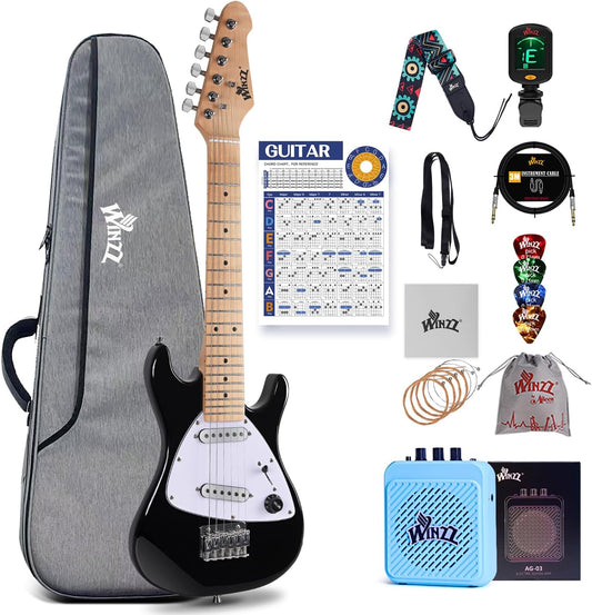 Winzz 30 Inch Kids Elektrische Gitaar Beginner Kit, Junior 1/4 Size Mini Elektrische Gitaar voor Kinderen Complete Stater Set met Amp, Gloosy Zwarte Kleur