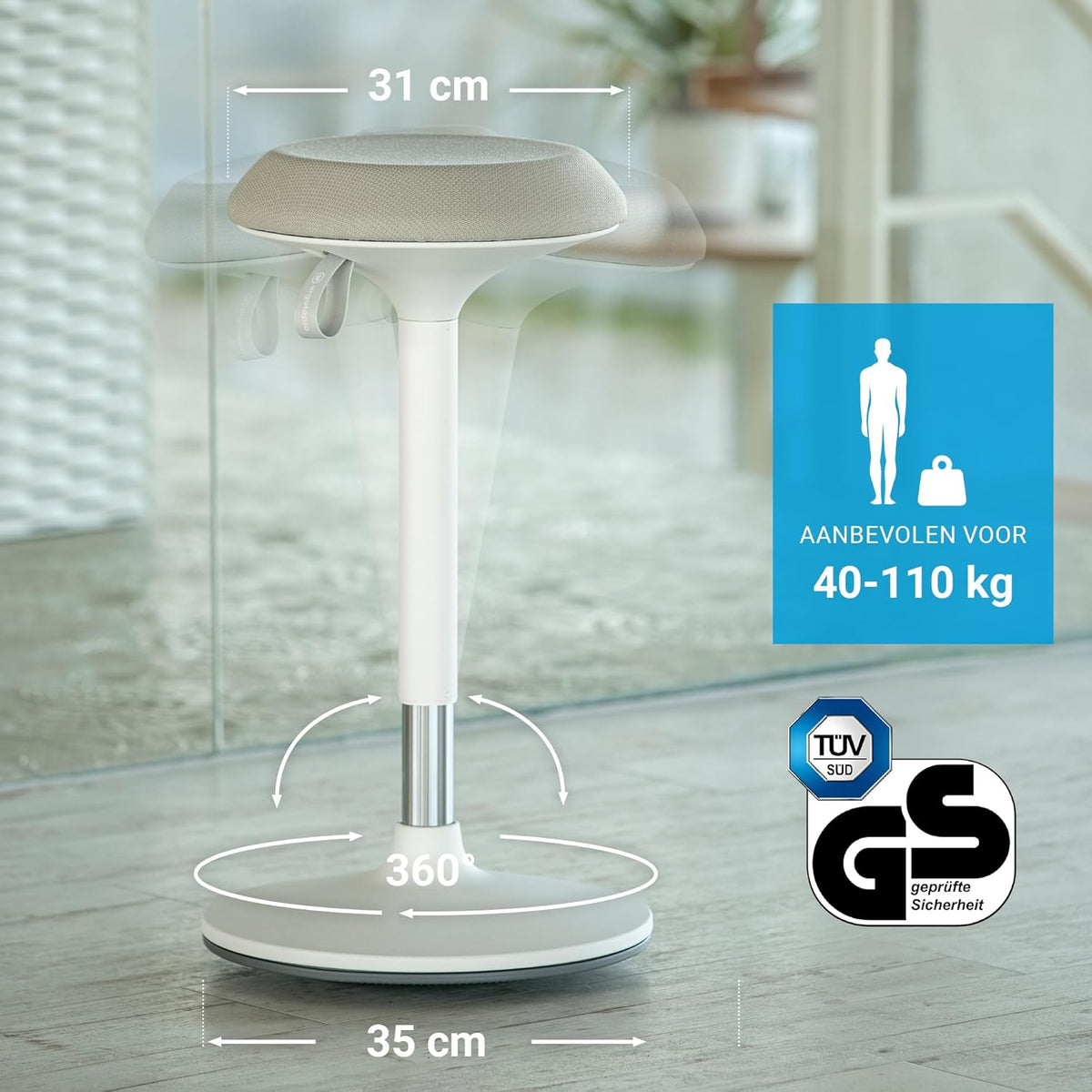 Ergotopia Dykó Ergonomische Bureaukruk - Ergonomische kruk met zwaaieffect - In hoogte verstelbaar Stabiliteitskruk 56-83 cm - 360° draaibare werkplekkruk met dynamische voet