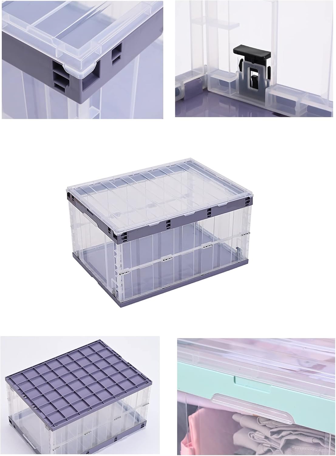 TUKA-i-AKUT TKD8640 Opvouwbare opbergdozen met deksel, stapelbaar opvouwbaar, stabiele stapelkisten met handgreep, stapelbak, organizer, vouwdozen, stapelboxen, doorzichtig, 6 x 55 l, roze, 6 x 55 l,