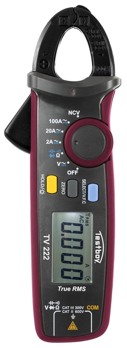 Testboy TV 222 Digitale mini stroomtang ampèremeter (stroomtang, multimeter en contactloze spanningstester, incl. continuïteitstest, diodetest, data hold en automatische uitschakelfunctie)