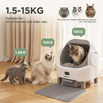 Gimars Open Top Design Zelfreinigende Kattenbak, Automatische Kattenbak voor Meerdere Katten & Senior Katten, App Control met Veiligheidssensoren, Lage Geur, Inclusief Vuilniszakken & Kattenbak, Wit
