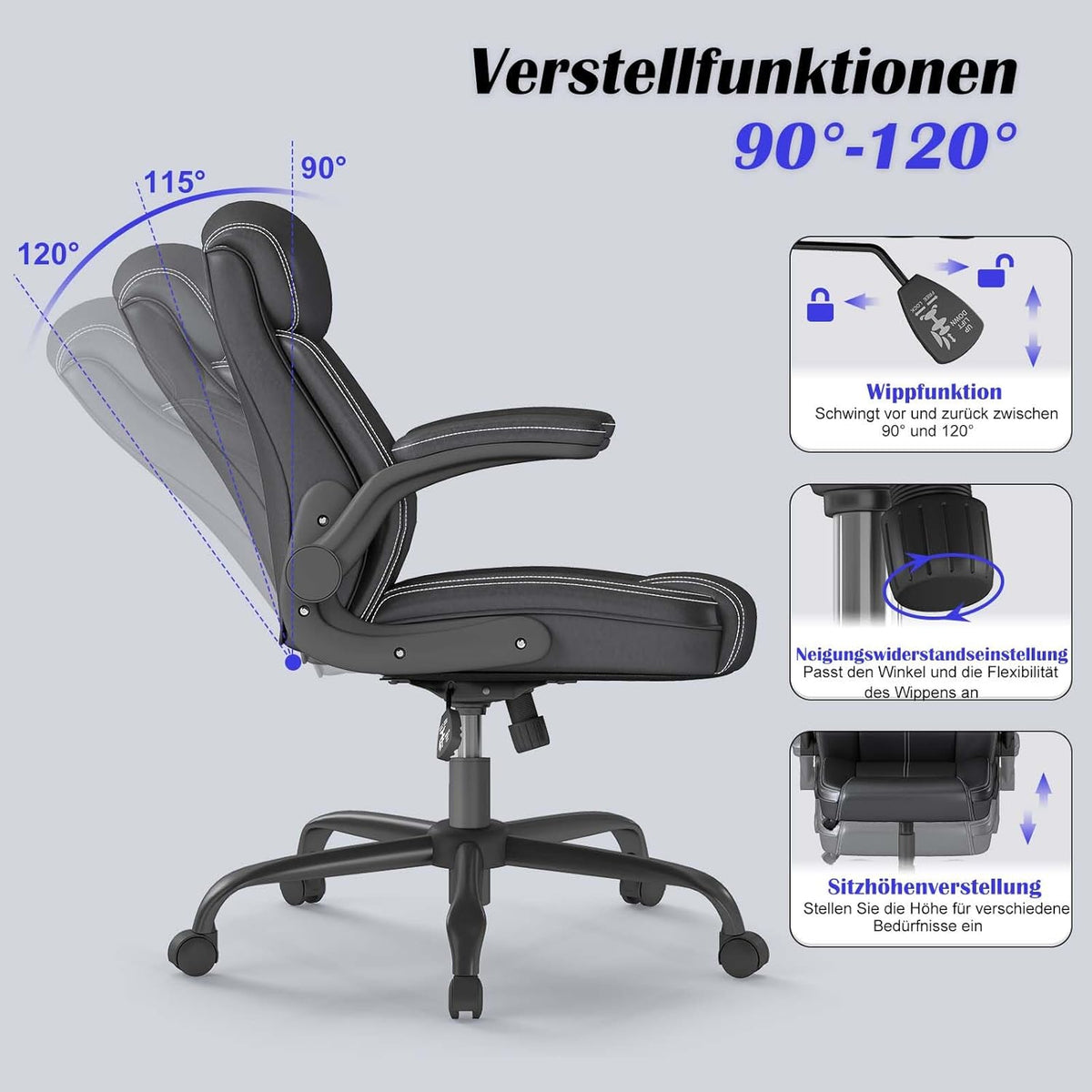 AnyGod Ergonomische Bureaustoel, Directeursstoel van Kunstleer met Opklapbare Armleuningen, Draaistoel Bureaustoel Hoogte Verstelbaar, Draagvermogen 136 kg, voor Thuiswerken en Kantoor