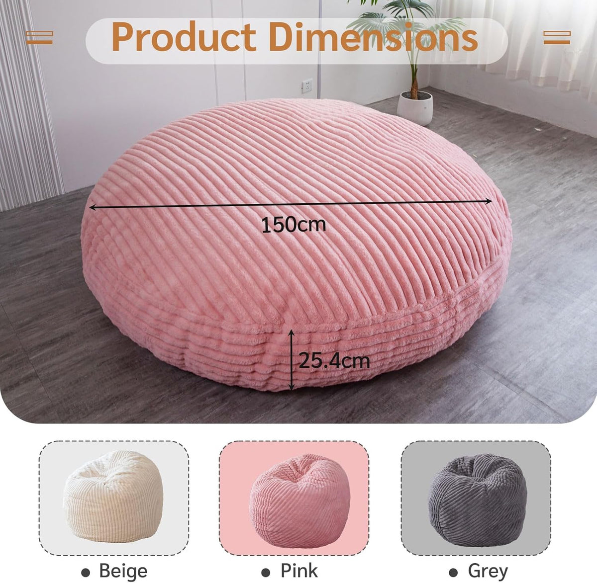 MAXYOYO Huge Bean Bag Bed, Square Bean Bag Chair, Large Faux Fur Sofa and Fluffy Filling for Adults Couples Guests (Corduroy Pink, 150x150cm)