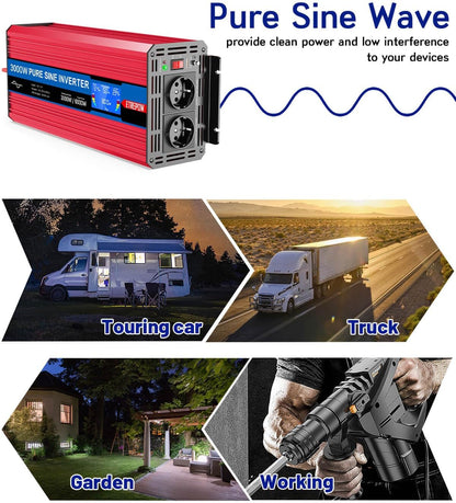 Omvormer 12v naar 230v Zuivere Sinus 3000W Spanningsomvormer met 2 EU Stopcontacten, USB-interface, LCD-Display,Draadloze Afstandsbediening
