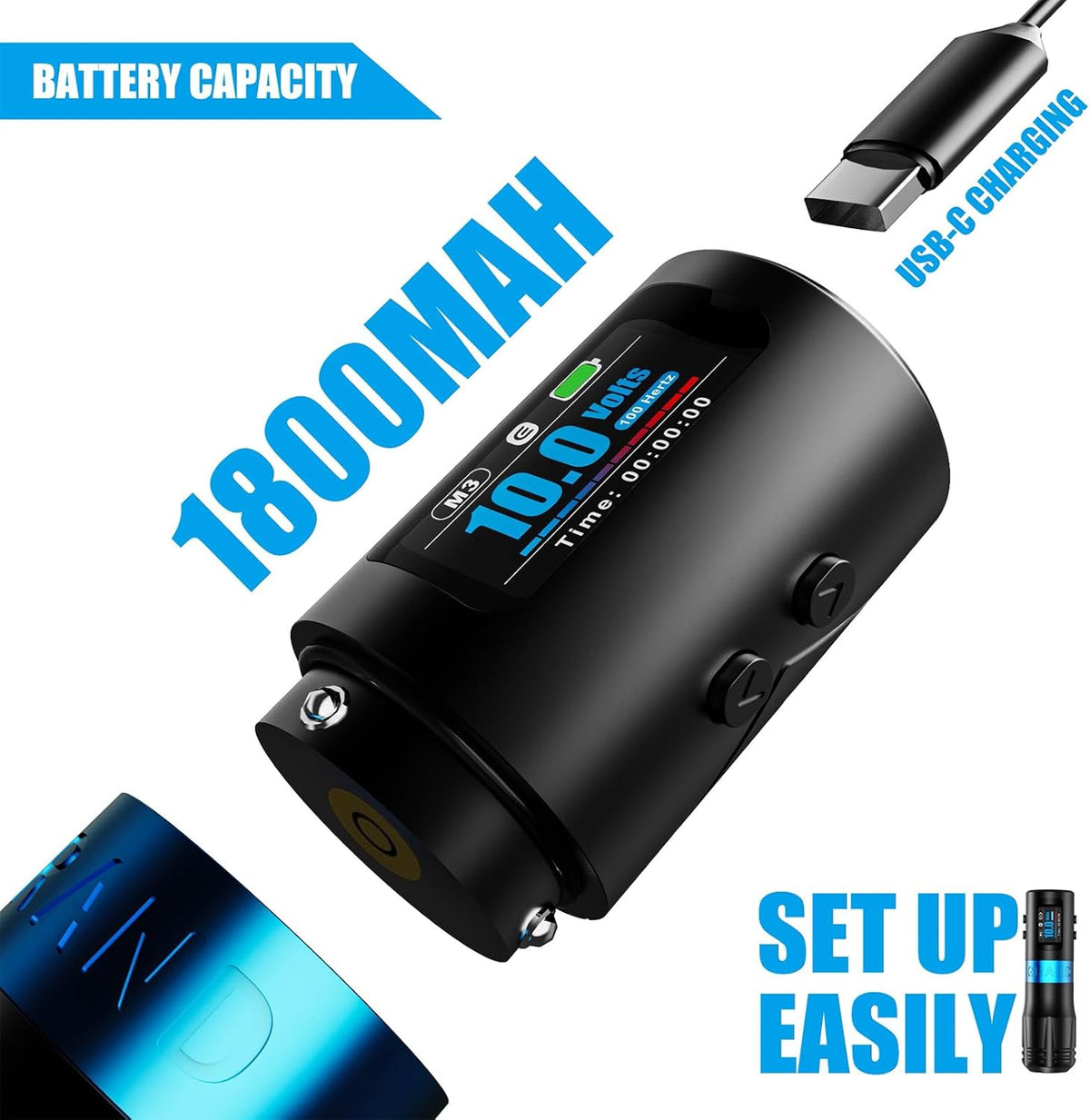 EMALLA GRAND G4 Draadloze tattoo-penmachine (5,0 mm slag), slim led-scherm met 2 duurzame batterijen en 34/38 mm handgrepen, professionele tattoo-kit