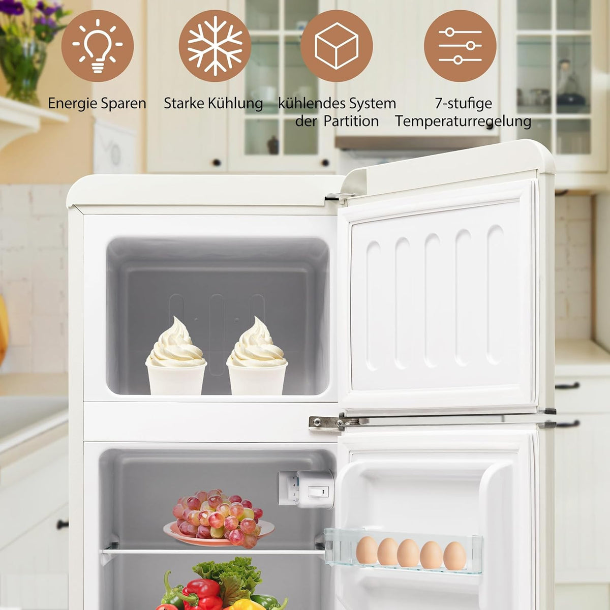 Generisch Retro refrigerator, 92 litres, fridge-freezer, two-door, compact design for kitchen and living room, energy efficiency class D with 7 temperature control - QUORE