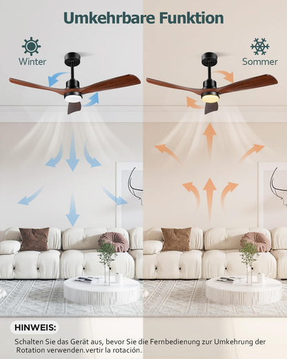 Plafondventilator met verlichting en afstandsbediening, stille DC-motor, 52 inch (132 cm), 3 vleugels, timer, 6 snelheden, ETL-vermeld, zomer, winterfunctie, walnoot