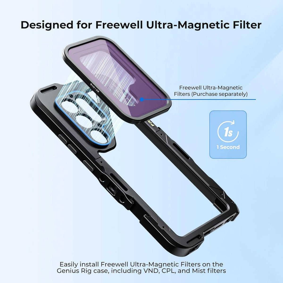 Freewell Genius Rig Cage voor Samsung S25 Ultra - gereedschapsvrije installatie, statief- en monopod-handgrepen, Bluetooth-afstandsbediening, flexibele bevestigingen voor professioneel filmen