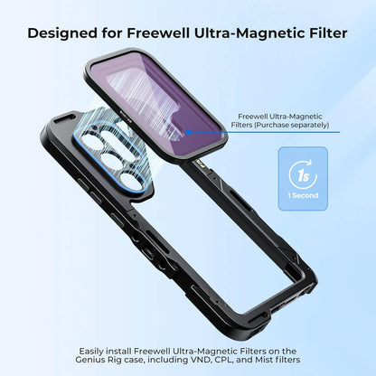 Freewell Genius Rig Cage voor Samsung S25 Ultra - gereedschapsvrije installatie, statief- en monopod-handgrepen, Bluetooth-afstandsbediening, flexibele bevestigingen voor professioneel filmen
