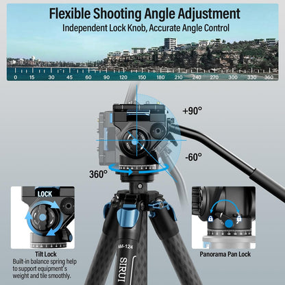 SIRUI AM-124 Koolstofvezel statief met AM-5VX vloeistofkop, 65 inch compact videocamerastatief voor reizen, driehoekige middenkolom, zijlader QR-plaat, waterdicht draaislot, belastingen 3 kg