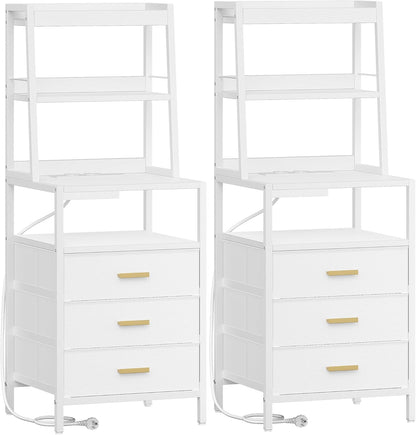 Hzuaneri Bedside Table Set of 2, Bedside Table with Charging Station and Metal Storage Shelf, 2 Sockets and 2 USB Ports, Side Table with 3 Fabric Drawers, For Bedroom, Living Room, White NS10613W