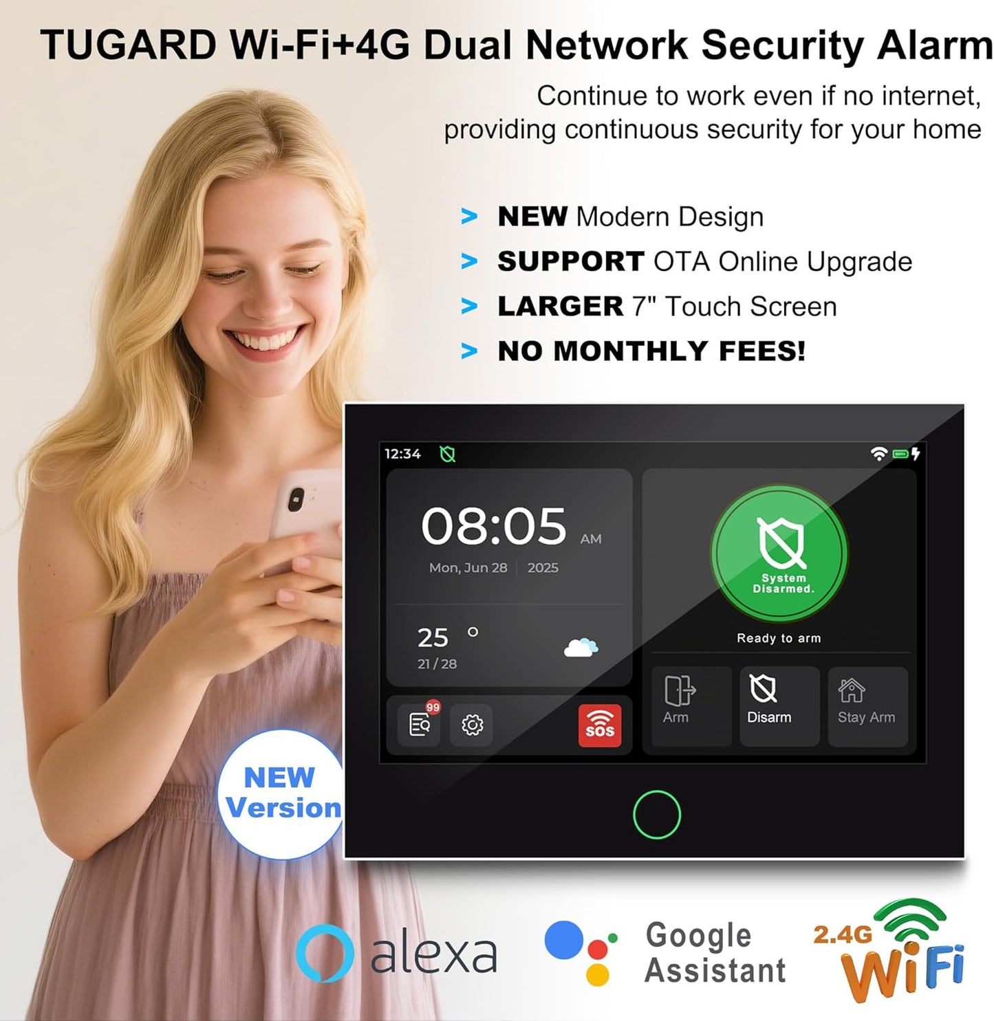 Alarmsysteem voor thuisbeveiliging (Gen 2) Stuk. DIY, touchscreen, bewegingsdetectie, contactsensoren, draadloze sirene, afstandsbedieningen, Smart Life Tuya-app, compatibel met Alexa & Google