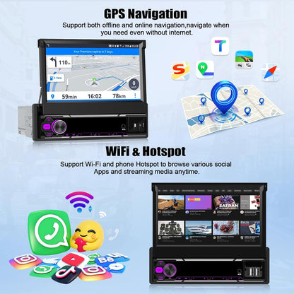 Android 15 Autoradio – 1 DIN Autoradio – Android Autoradio – Multimedia Speler – Car Stereo – 7 Inch Intrekbaar Touchscreen – Draadloze CarPlay & Android Auto