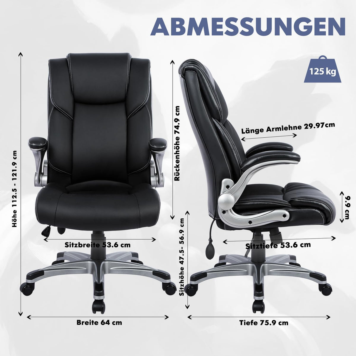 COLAMY Bureaustoel, ergonomisch, directiestoel met hoge rugleuning, lederen stoel met gevoerde klaparmleuningen, verstelbare kantelsluiting, draaistoel voor volwassenen, zwart