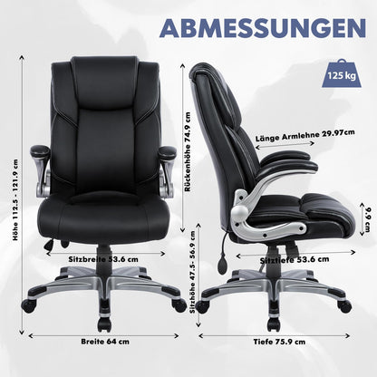 COLAMY Bureaustoel, ergonomisch, directiestoel met hoge rugleuning, lederen stoel met gevoerde klaparmleuningen, verstelbare kantelsluiting, draaistoel voor volwassenen, zwart