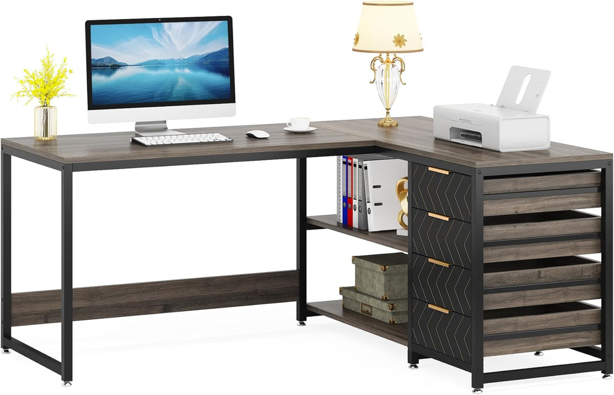 Tribesigns L-Shape Corner Desk with Shelves, Reversible L-Shape, with Monitor Stand and Shelves, for Office, Home, Brown, 150 x 120 x 75 cm (Grey)