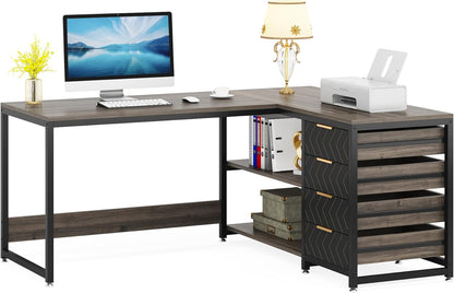 Tribesigns L-Shape Corner Desk with Shelves, Reversible L-Shape, with Monitor Stand and Shelves, for Office, Home, Brown, 150 x 120 x 75 cm (Grey)