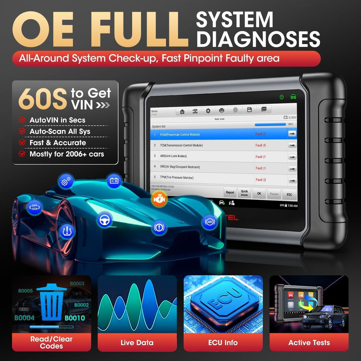 Autel MaxiCheck MX808S: 2024 Bidirectionele Tool zoals MK808S MK808BT Pro MK808K-BT, Functie zoals MaxCOM MK900, 28+ Service, Real Active Test, Scan All OE System, Injector Codierung, Android 11