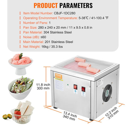 VEVOR Machine for fried ice cream rolls, 28 x 24 x 2 cm, pan for frying ice cream, ice cream maker with compressor and 2 scrapers, for making ice cream, frozen yogurt and ice cream rolls