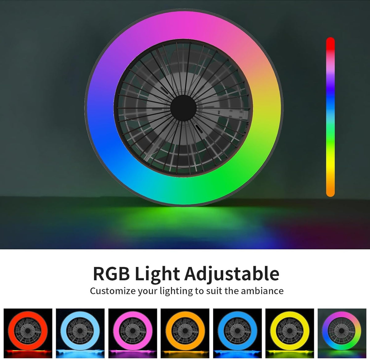 Moderne LED-plafondlamp met ventilator, RGB-plafondventilatorverlichting, 6 ventilatiesnelheden, oneindig dimbare verlichting voor woonkamer, slaapkamer, kantoor, 3000-5500 K, (Zwarte lijst 50CM)